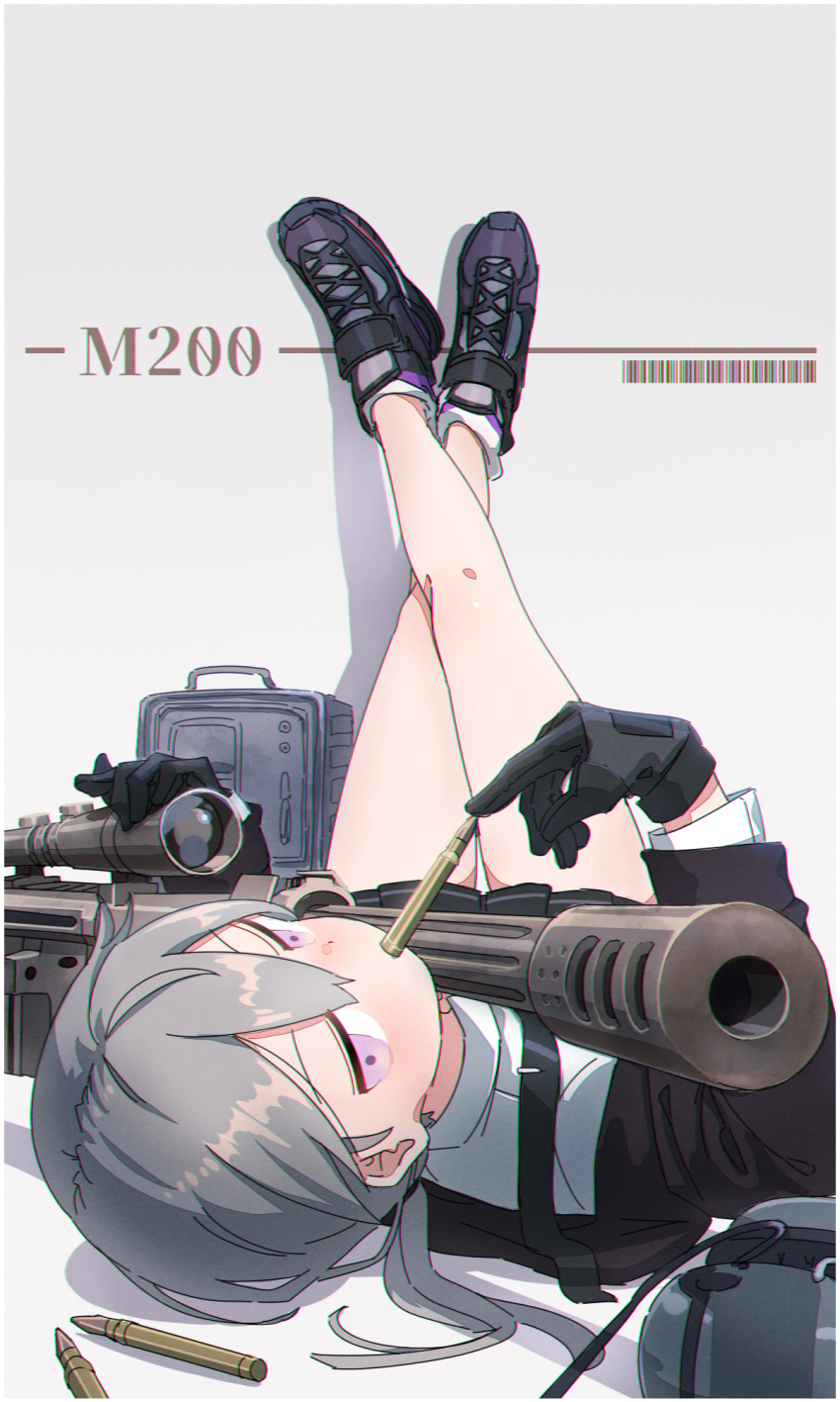 1girl bangs black_footwear black_gloves black_skirt blush bolt_action brown_jacket bullet character_name cheytac_m200 girls_frontline gloves grey_background grey_hair gun hair_between_eyes headphones headphones_removed highres jacket kuro_kosyou legs legs_up long_hair long_sleeves lying m200_(girls_frontline) on_back pleated_skirt rifle shirt shoes simple_background skirt sneakers sniper_rifle socks solo violet_eyes weapon white_legwear white_shirt