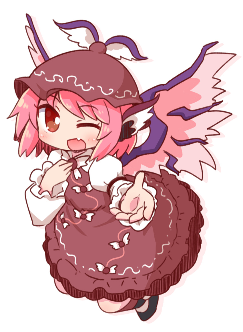 1girl ;d bangs black_footwear blush brown_dress brown_hair brown_headwear collared_dress commentary_request dress eyebrows_visible_through_hair fang feathered_wings full_body highres juliet_sleeves long_sleeves mystia_lorelei naga_u one_eye_closed open_mouth pink_hair pink_wings puffy_sleeves shirt shoes sleeveless sleeveless_dress smile solo touhou white_background white_shirt winged_hat wings