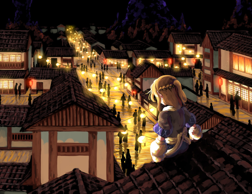 1girl architecture arm_warmers blonde_hair braid brown_shirt commentary_request ears east_asian_architecture former_capital from_behind house lantern light mizuhashi_parsee night one_side_up outdoors pointy_ears shadow shirt short_hair short_sleeves single_braid sitting solo sunyup touhou wavy_hair