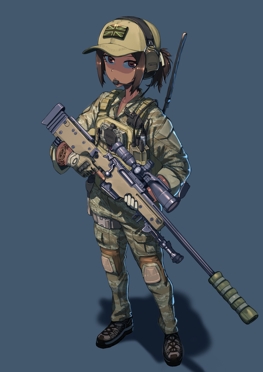 1girl absurdres army badge baseball_cap bipod black_footwear blue_background bolt_action boots brown_eyes brown_hair bulletproof_vest camouflage camouflage_jacket camouflage_legwear cargo_pants closed_mouth collarbone combat_boots erica_(naze1940) expressionless eyelashes fingerless_gloves gloves green_gloves green_headwear grey_footwear gun handgun hat headphones headset highres holding holding_gun holding_weapon holster knee_pads l115a3 looking_at_viewer magazine_(weapon) microphone military military_uniform original pants pistol pocket ponytail radio radio_antenna rifle scope shadow short_hair short_ponytail sidelocks sniper_rifle solo standing suppressor tactical_clothes tan trigger_discipline uniform union_jack weapon