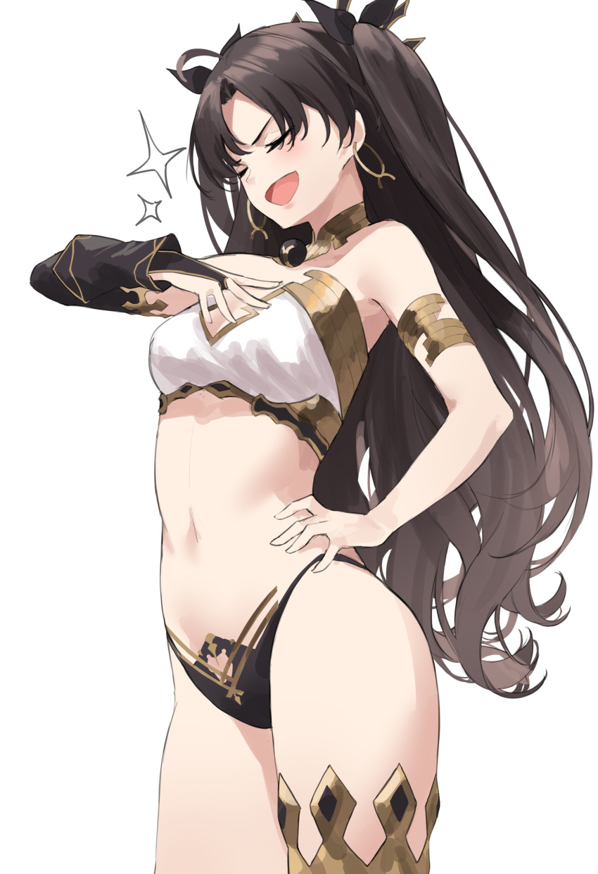 1girl :d absurdres ahoge bare_shoulders bikini black_bikini black_hair breasts closed_eyes cowboy_shot earrings fate/grand_order fate_(series) hair_ribbon hand_on_hip hand_on_own_chest highleg highleg_bikini highres hoop_earrings ishtar_(fate)_(all) ishtar_(fate/grand_order) jewelry long_hair medium_breasts mismatched_bikini navel open_mouth ribbon simple_background single_thighhigh smile smug solo sparkle standing star741 stomach swimsuit thigh-highs thighs two_side_up white_background white_bikini