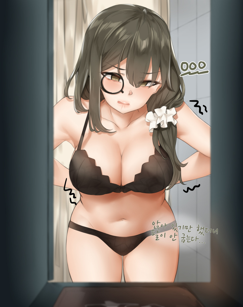 1girl absurdres ahoge arms_behind_back bababababan bangs bare_arms bare_shoulders black_bra black_panties blush bra breasts brown_eyes collarbone commentary_request eyebrows_visible_through_hair girls_frontline hair_ornament hair_scrunchie helianthus_(girls_frontline) highres large_breasts long_hair monocle navel open_mouth panties scrunchie solo translation_request underwear white_scrunchie