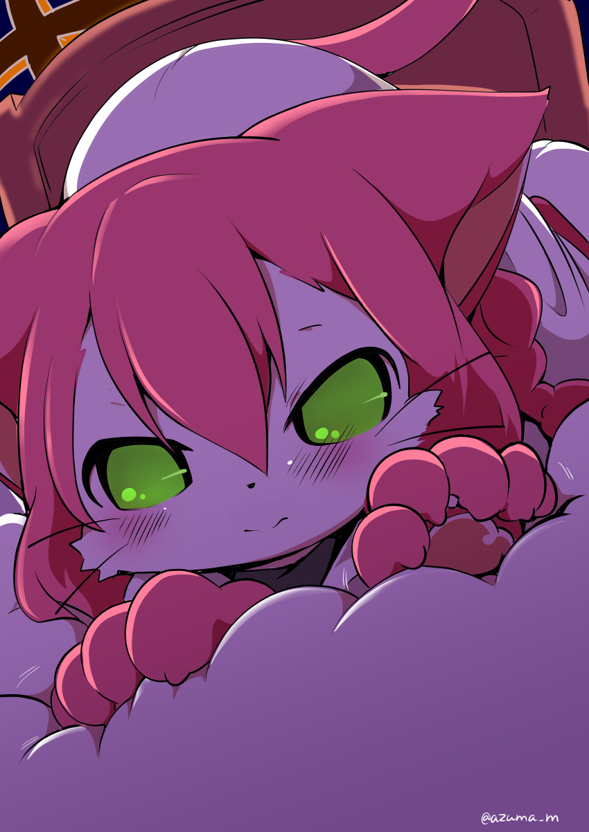 1girl absurdres animal_ears azuma_minatsu bed blush cat cat_busters cat_ears cat_girl cat_tail commentary_request furry green_eyes highres looking_at_viewer neko_hakase_(cat_busters) on_bed pawpads pink_hair solo tail twitter_username whiskers window