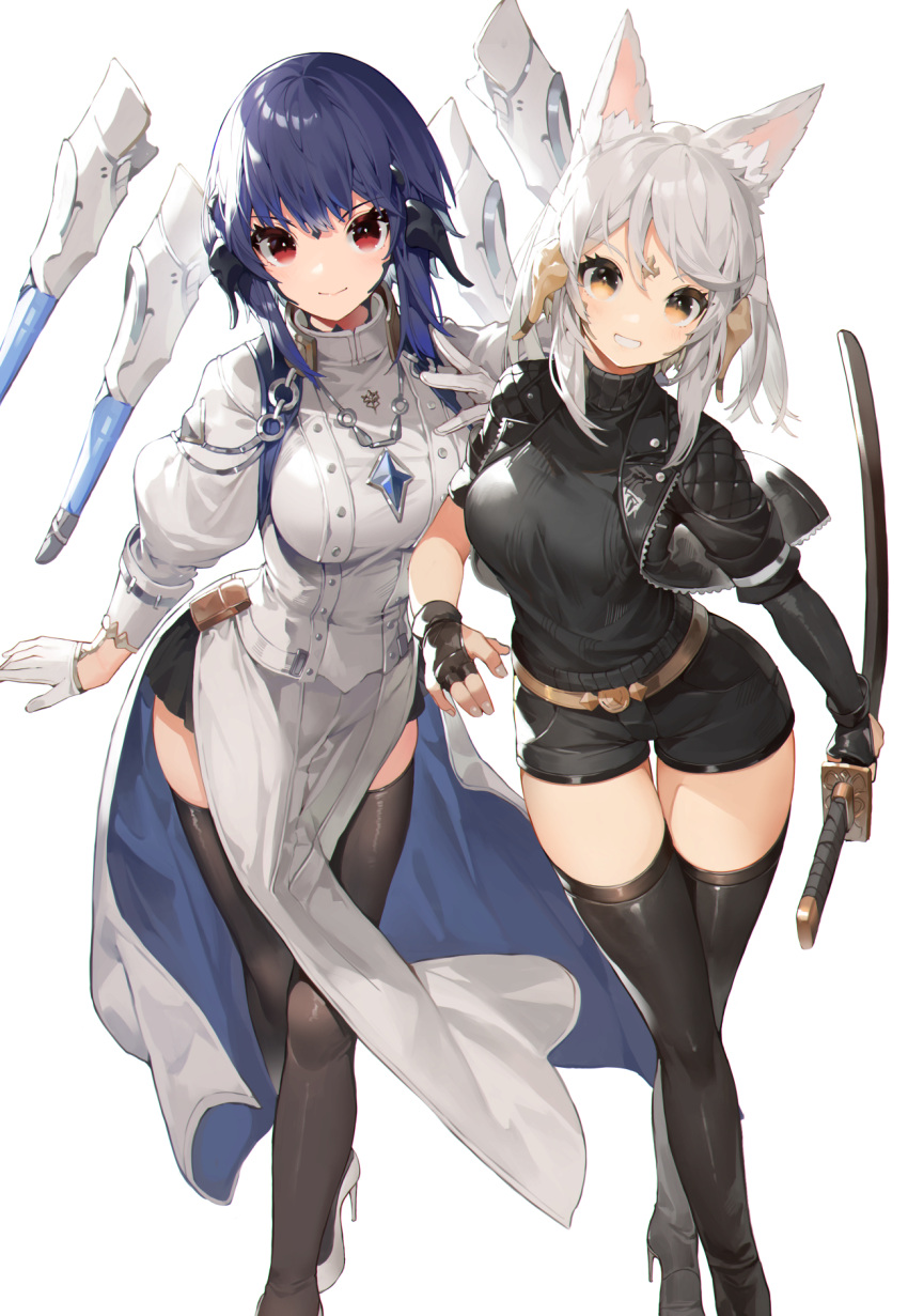 2girls akizone animal_ears asymmetrical_sleeves au_ra black_gloves black_jacket black_legwear black_shorts breasts brown_eyes cheeze_(akizone) final_fantasy final_fantasy_xiv fingerless_gloves fingernails gloves highres holding holding_sword holding_weapon jacket katana long_hair medium_breasts multiple_girls short_hair shorts simple_background smile sword thigh-highs thighs weapon white_background white_hair