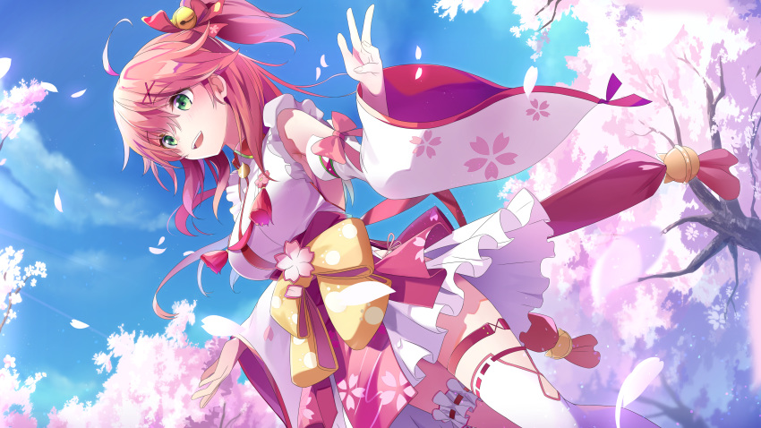 1girl absurdres ahoge bell blue_sky breasts cherry_blossom_print cherry_blossoms detached_sleeves floral_print green_eyes hair_bell hair_ornament hairclip highres hololive leg_garter long_hair one_side_up open_mouth outdoors petals pink_hair sakura_miko shirowa sky solo tree upper_teeth virtual_youtuber wide_sleeves x_hair_ornament