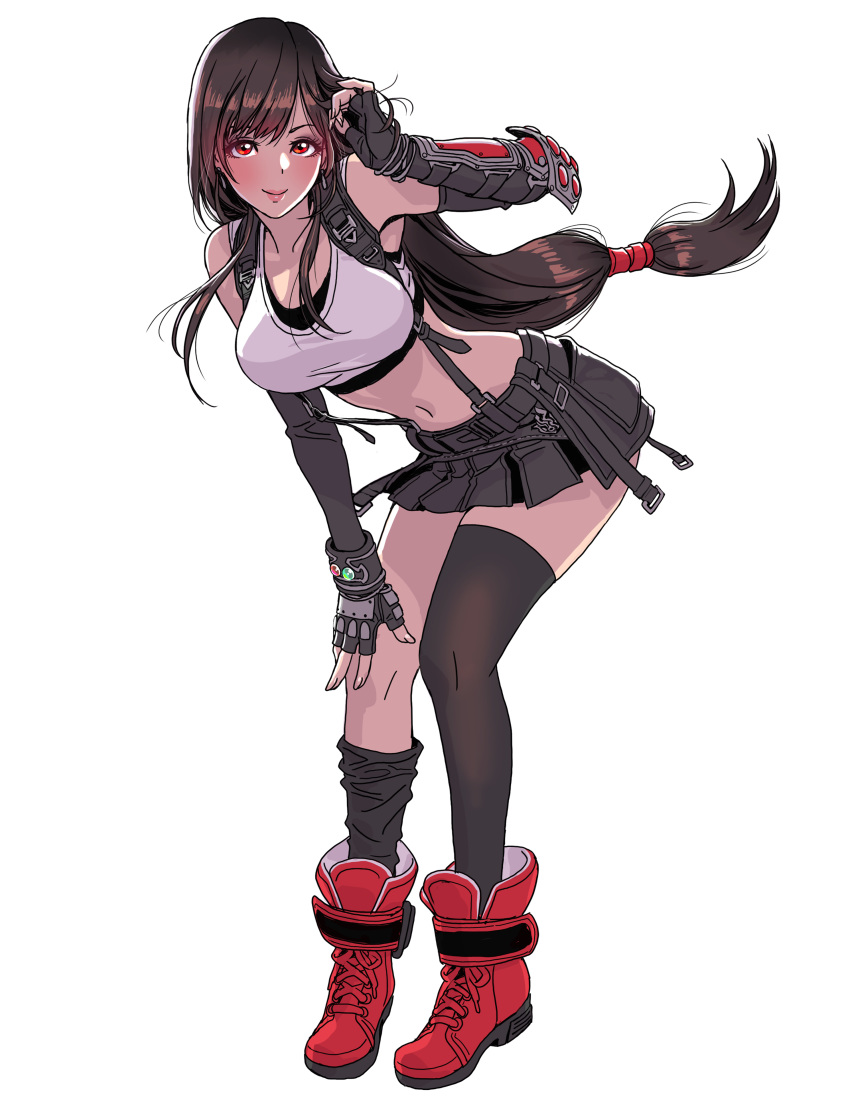 1girl absurdres arm_up asymmetrical_armor bangs black_legwear blush boots brown_hair closed_mouth crop_top earrings final_fantasy final_fantasy_vii final_fantasy_vii_remake fingerless_gloves full_body gloves hair_tie hand_on_thigh highres jewelry large_breasts lips long_hair looking_at_viewer low-tied_long_hair midriff miniskirt navel pleated_skirt red_eyes red_footwear simple_background skirt sleeveless smile solo suspender_skirt suspenders tank_top thigh-highs tifa_lockhart very_long_hair white_background yamashita_shun'ya