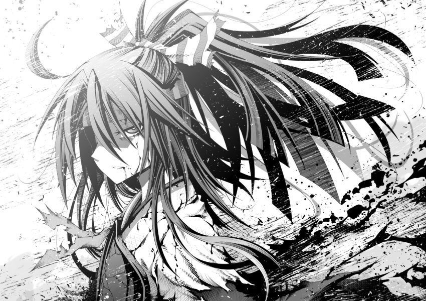 1girl akaneharu_ohkami bangs blood blood_on_face bloody_tears greyscale hachimaki headband high_ponytail japanese_clothes kantai_collection long_hair monochrome muneate ponytail shaded_face solo torn_clothes upper_body wide_sleeves zuihou_(kantai_collection)
