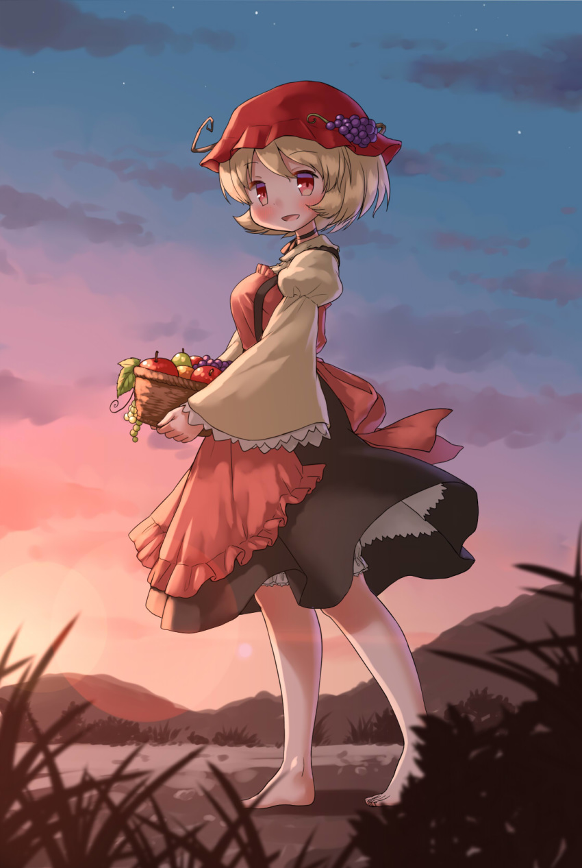 1girl aki_minoriko apple apron arinu barefoot basket black_choker blonde_hair bloomers choker clouds commentary_request dusk eyebrows_visible_through_hair food fruit full_body grapes hat highres holding holding_basket leaf lens_flare looking_at_viewer open_mouth pear petticoat plant red_eyes red_headwear short_hair skirt sky solo star_(sky) touhou twilight underwear wide_sleeves