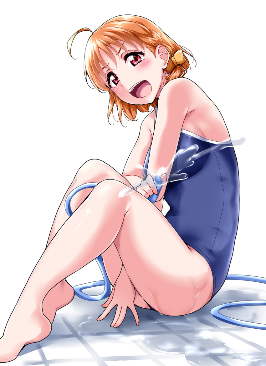 1girl :d antenna_hair arm_between_legs ass bare_arms bare_legs barefoot bow braid breasts hair_bow highres hose knees_up looking_at_viewer love_live! love_live!_sunshine!! medium_breasts medium_hair nail_polish one-piece_swimsuit open_mouth orange_hair red_eyes sideboob simple_background sitting sleeveless smile solo swimsuit takami_chika upper_teeth water white_background yellow_bow yopparai_oni