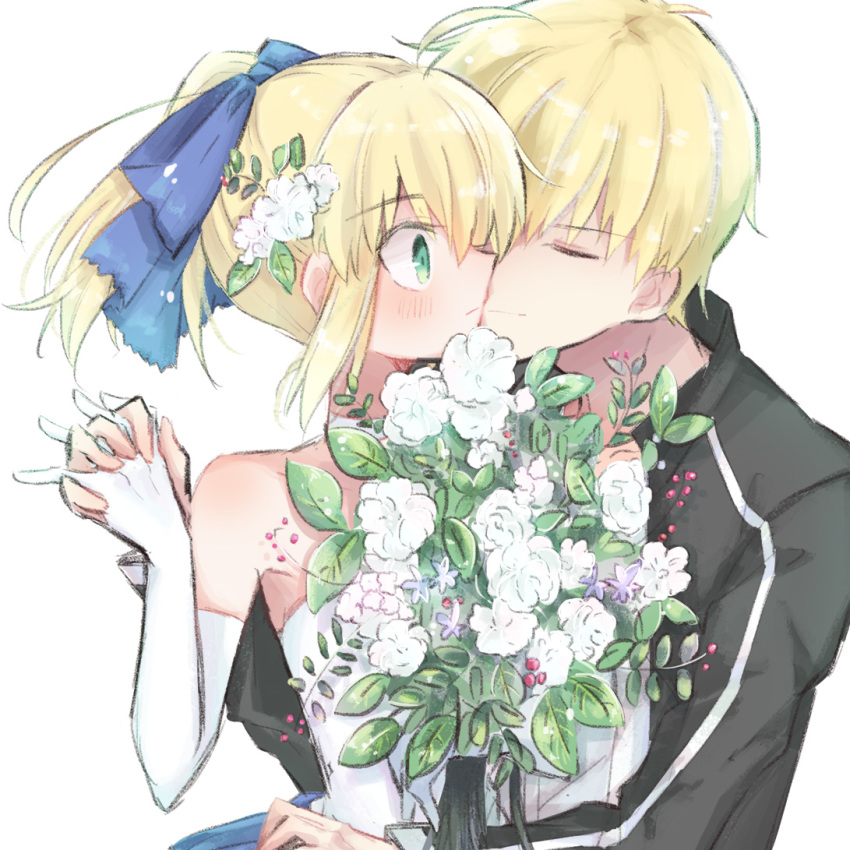 1boy 1girl artoria_pendragon_(all) black_jacket blonde_hair blue_bow bouquet bow closed_eyes closed_mouth collarbone couple dress elbow_gloves fate/stay_night fate_(series) flower gilgamesh gloves green_eyes hair_bow holding holding_bouquet holding_hands imminent_kiss interlocked_fingers jacket long_sleeves nayu_tundora open_clothes open_jacket ponytail saber shiny shiny_hair short_hair simple_background striped_sleeves upper_body wedding_dress white_background white_flower white_gloves white_sleeves