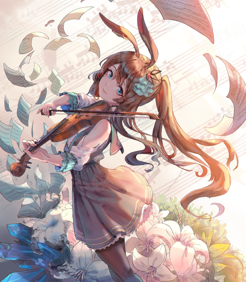 1girl amiya_(arknights) animal_ears arknights bangs bare_shoulders black_legwear blue_eyes blush book brown_hair bunny_girl closed_mouth dress flower hair_ornament highres holding holding_instrument ice_(6597201) instrument lily_(flower) long_hair looking_at_viewer music note pantyhose paper playing_instrument ponytail rabbit_ears sidelocks smile solo standing violin wind