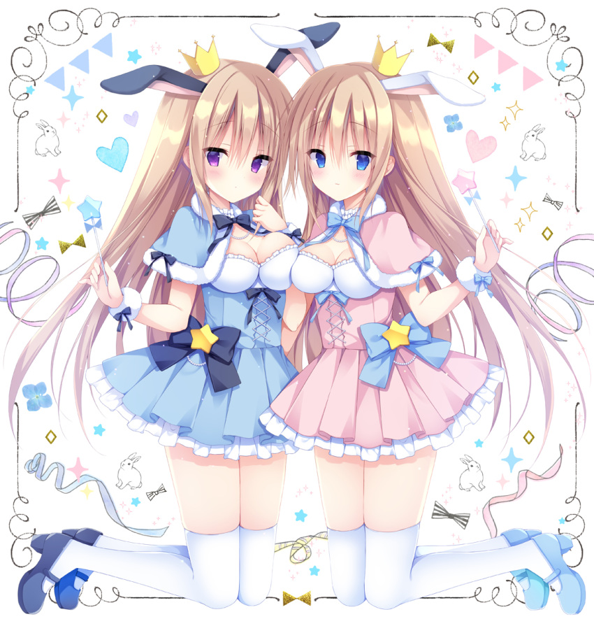 2girls animal animal_ears bangs black_footwear blue_bow blue_capelet blue_eyes blue_footwear blue_skirt blush bow brown_hair capelet closed_mouth commentary_request crown eyebrows_visible_through_hair fur-trimmed_capelet fur_trim hair_between_eyes heart high_heels highres holding izuminanase kneeling light_smile long_hair looking_at_viewer mini_crown multiple_girls original pink_capelet pink_skirt pleated_skirt rabbit rabbit_ears shoes skirt star thigh-highs very_long_hair violet_eyes white_background white_legwear wrist_cuffs