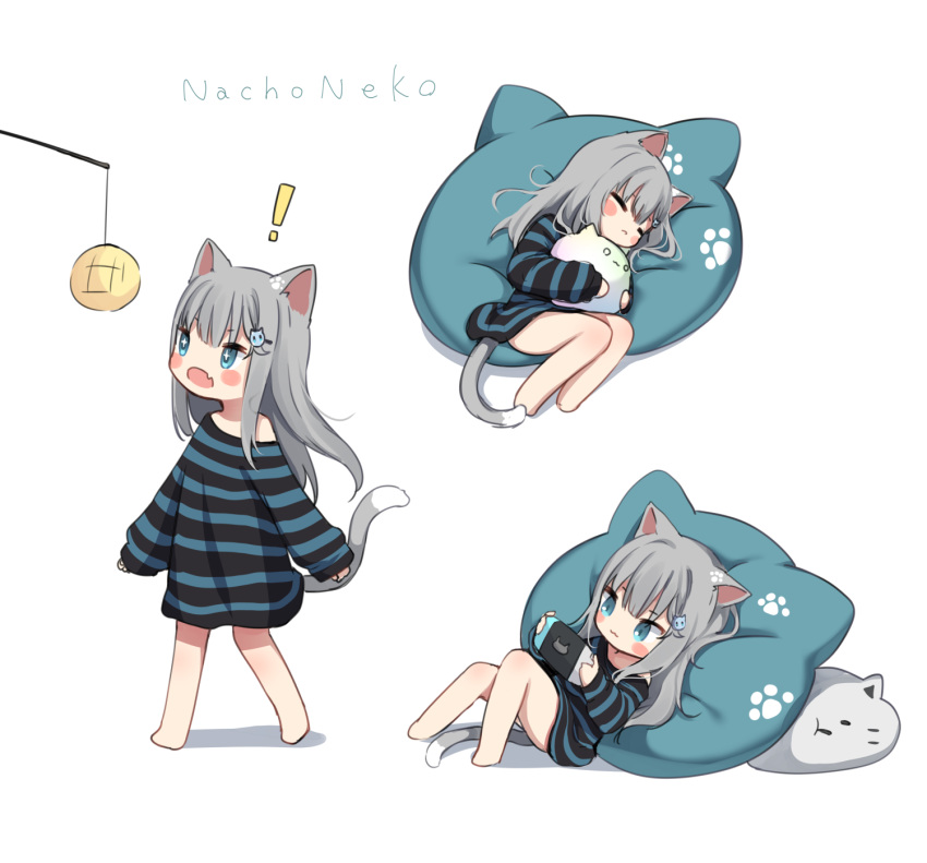 ! +_+ 1girl :3 =_= amashiro_natsuki animal_ears barefoot bean_bag_chair blue_eyes blush_stickers bread cat_ears cat_girl cat_hair_ornament cat_pillow cat_tail character_name chibi closed_eyes closed_mouth commentary_request fang feet food grey_hair hair_ornament hairclip handheld_game_console highres holding long_hair long_sleeves lying melon_bread multiple_views nacho_(amashiro_natsuki) nintendo_switch no_pants off_shoulder on_side open_mouth original oversized_clothes oversized_shirt pillow pillow_hug playing_games shirt skin_fang sleeping sleeves_past_wrists standing striped striped_shirt tail white_background