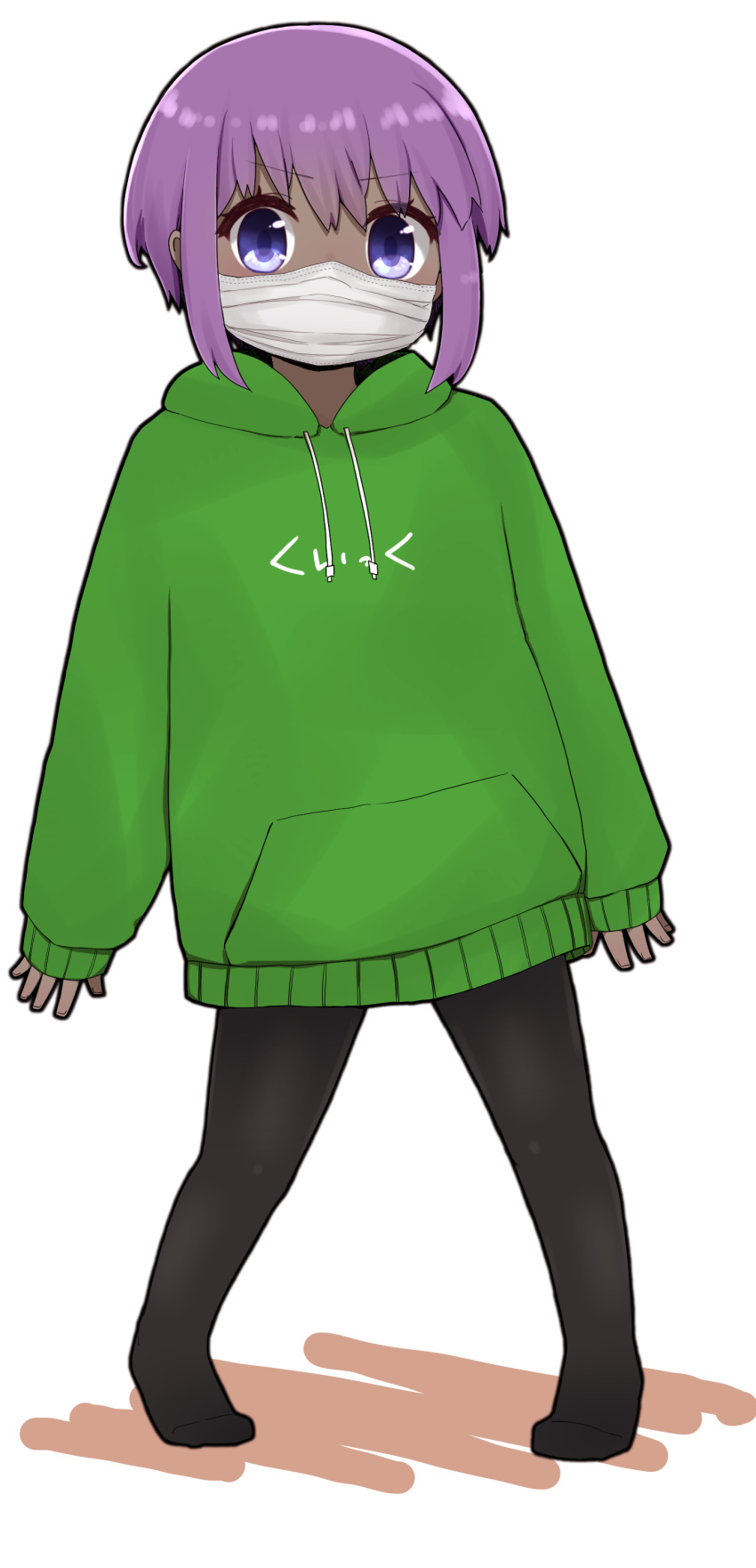 1girl absurdres bangs black_legwear clothes_writing dark_skin drawstring eyebrows_visible_through_hair fate/prototype fate/prototype:_fragments_of_blue_and_silver fate_(series) full_body green_hoodie hair_between_eyes hassan_of_serenity_(fate) highres hood hood_down hoodie i.u.y long_sleeves looking_at_viewer mask mouth_mask no_shoes pantyhose purple_hair short_hair sidelocks sleeves_past_wrists solo standing surgical_mask translation_request violet_eyes white_background
