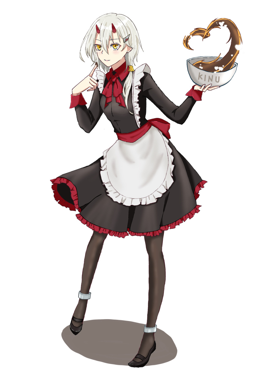 1girl alternate_costume apron azur_lane black_dress black_footwear black_legwear black_skirt bowl chocolate closed_mouth commentary_request dress enmaided full_body grey_hair hachishima hair_ornament hairclip highres horns kinu_(azur_lane) long_sleeves looking_at_viewer low_ponytail maid mary_janes neck_ribbon oni_horns pantyhose red_ribbon red_sash ribbon sash shoes simple_background skirt smile solo standing tied_hair tsurime valentine waist_apron white_apron white_background yellow_eyes