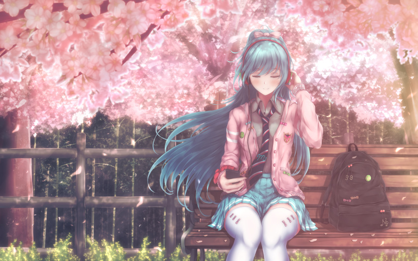 1girl 39 absent aqua_hair backpack backpack_removed bag bench cherry_blossoms closed_eyes digital_media_player fence grey_shirt hatsune_miku headphones highres long_hair necktie outdoors ponytail project_diva_(series) project_diva_f ribbon_girl_(module) shirt sitting skirt solo thigh-highs very_long_hair vocaloid white_legwear