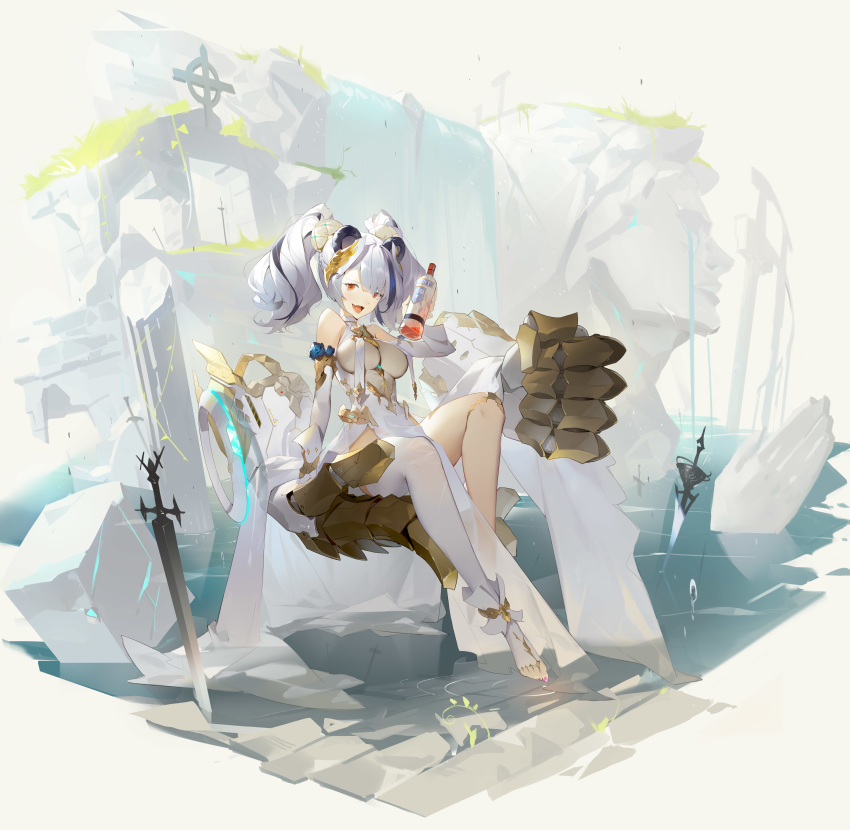 1girl :d absurdres alcohol alternate_costume animal_ears arknights bare_shoulders bottle breast_curtains breasts cross cubies_(tiger_205) detached_sleeves dress feater_(arknights) full_body highres holding large_breasts laurel_crown long_hair looking_at_viewer mechanical_arm multicolored_hair open_mouth panda_ears pelvic_curtain red_eyes rock silver_hair single_thighhigh sitting smile solo sword thigh-highs thighs toeless_legwear twintails two-tone_hair water weapon white_dress wine_bottle