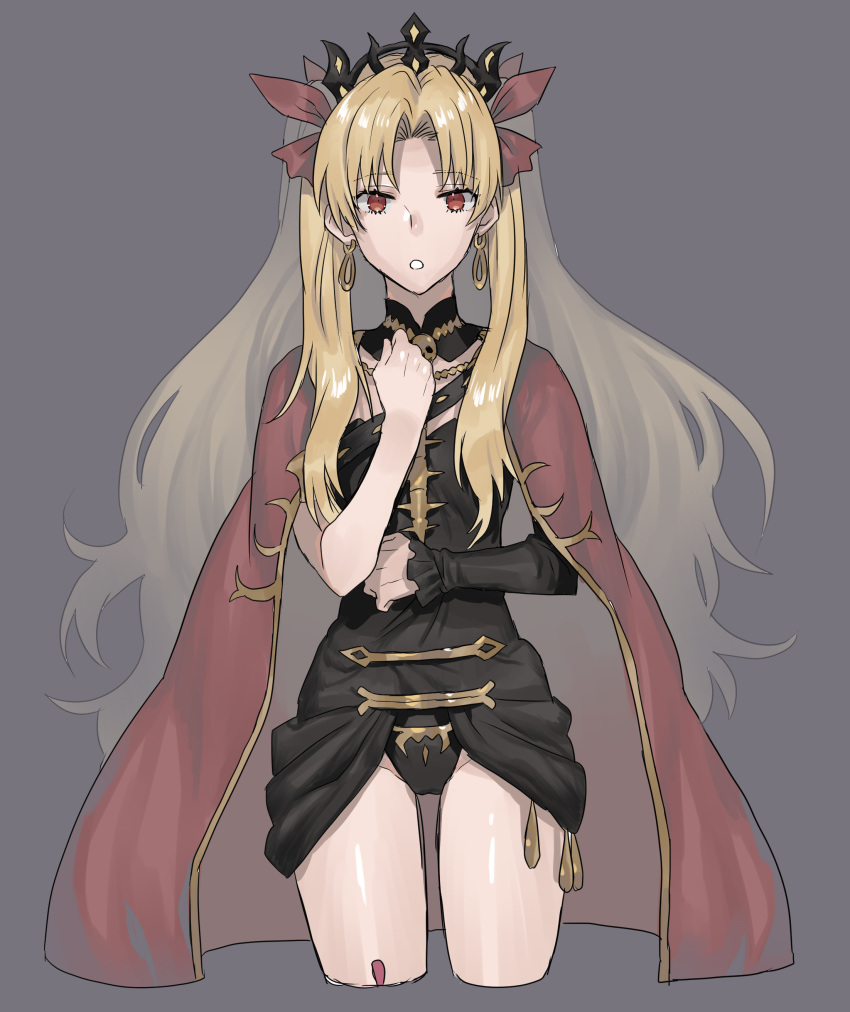 1girl absurdres asymmetrical_sleeves black_leotard black_sleeves blonde_hair bow cape choker cropped_legs diadem earrings ereshkigal_(fate/grand_order) eyebrows_visible_through_hair fate/grand_order fate_(series) floating_hair grey_background hair_bow hair_tubes highleg highleg_leotard highres jewelry kmk leotard long_hair looking_at_viewer red_bow red_cape red_eyes shiny shiny_hair shiny_skin simple_background single_sleeve solo very_long_hair