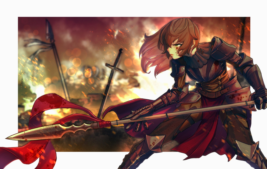 1girl armor blood blood_on_face bloody_weapon blurry blurry_background breastplate brown_hair closed_mouth embers gauntlets green_eyes highres holding holding_spear holding_weapon long_hair original pauldrons polearm rakuga_kiya scratches solo spear vambraces weapon