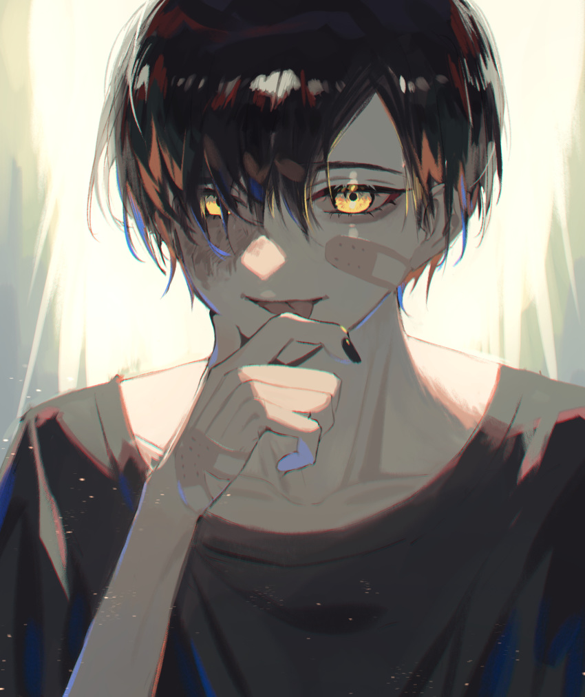 1boy :p bangs black_hair black_nails collarbone finger_licking glowing glowing_eyes hair_over_one_eye highres licking looking_at_viewer male_focus multicolored_hair nail_polish original patch scar solo tongue tongue_out upper_body yellow_eyes zumi_(neronero126)