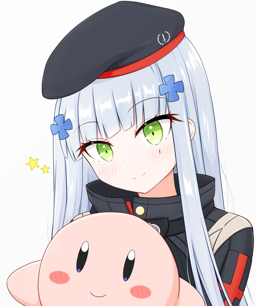 1girl absurdres bangs beret blue_eyes blunt_bangs blush blush_stickers commentary_request eyebrows_visible_through_hair facial_mark girls_frontline green_eyes hair_ornament hat highres hk416_(girls_frontline) jacket kirby kirby_(series) long_hair military_jacket risshu silver_hair smile teardrop