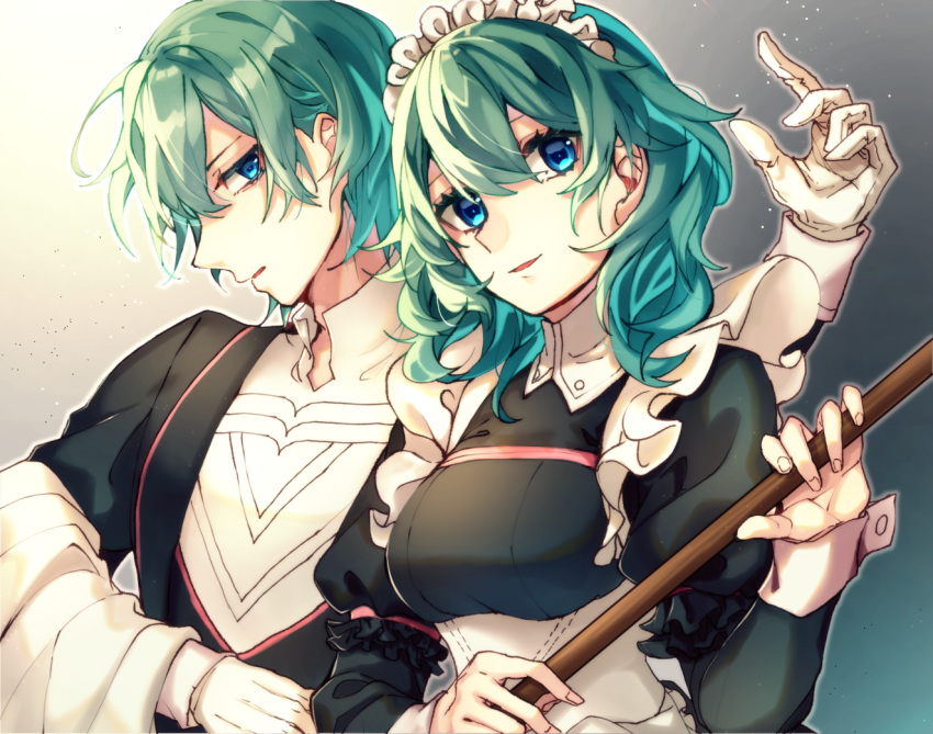 1boy 1girl alternate_costume bangs black_shirt blue_eyes breasts bustier byleth_(fire_emblem) byleth_eisner_(female) byleth_eisner_(male) enmaided fire_emblem fire_emblem:_three_houses gloves green_hair hair_between_eyes holding long_hair long_sleeves maid maid_headdress medium_breasts open_mouth shiny shiny_hair shirt short_over_long_sleeves short_sleeves tida_2112 upper_body white_gloves