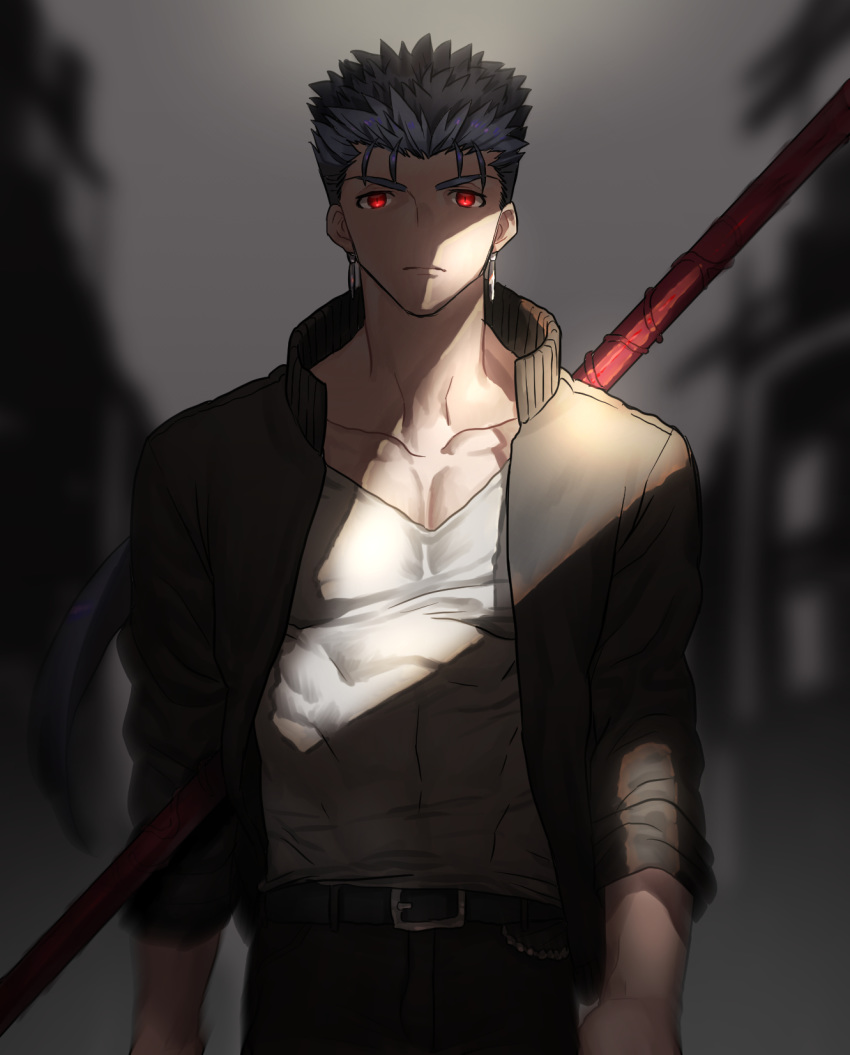 1boy belt belt_buckle black_belt black_cardigan black_pants blue_hair blurry blurry_background buckle cardigan closed_mouth collarbone cu_chulainn_(fate)_(all) earrings fate/stay_night fate_(series) floating_hair gae_bolg grey_background highres jewelry kmk lancer long_hair long_sleeves looking_at_viewer male_focus open_cardigan open_clothes pants ponytail red_eyes shirt solo spiky_hair very_long_hair white_shirt
