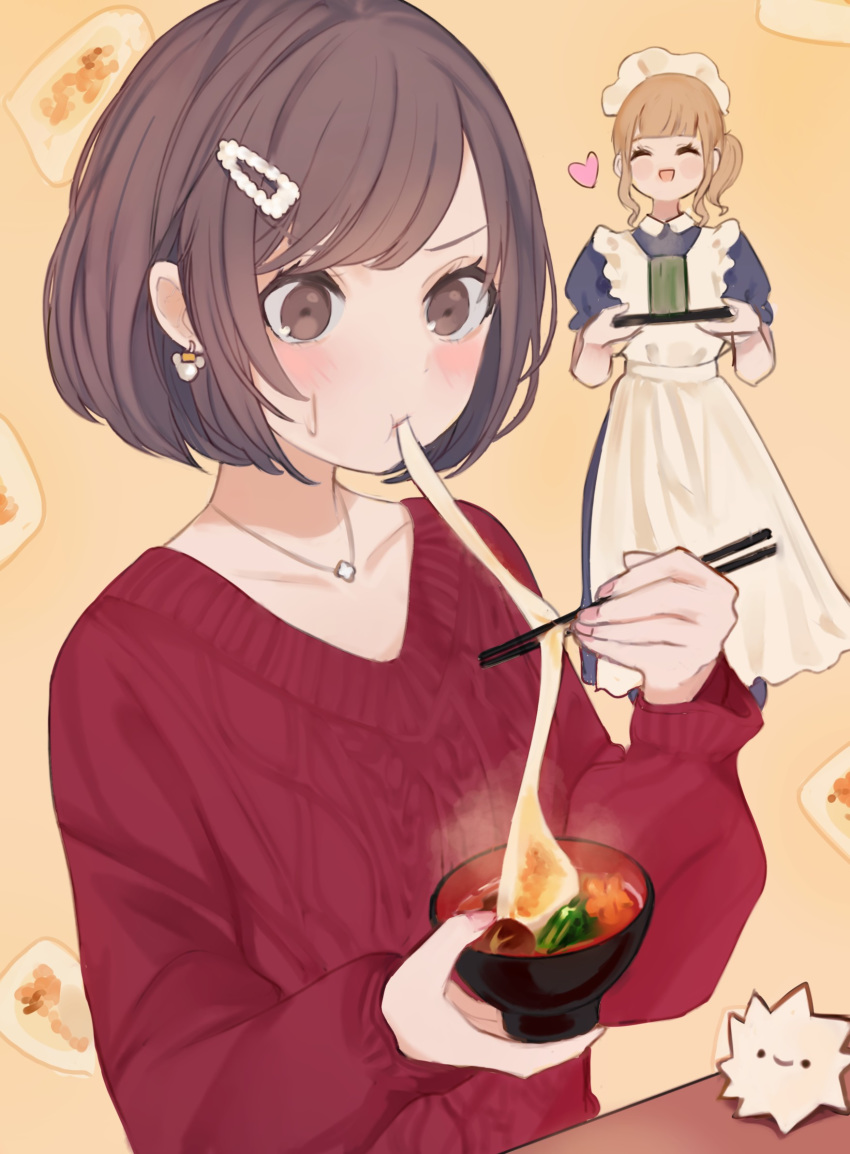 2girls bangs blonde_hair blunt_bangs blush blush_stickers bowl brown_eyes brown_hair cable_knit chopsticks closed_eyes collarbone cup earrings eating fingernails hair_ornament hairclip happy_new_year heart highres holding holding_bowl holding_chopsticks holding_plate jewelry long_fingernails long_hair maid maidenhead mochi multiple_girls necklace new_year open_eyes open_mouth original pink_nails plate red_sweater short_hair smile standing steam sweat sweater tokiwata_soul w