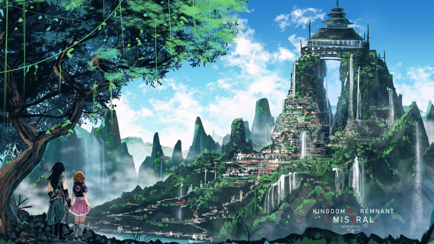 1boy 1girl anonamos architecture black_hair blue_sky boots clouds commentary commentary_request east_asian_architecture fingerless_gloves gloves highres holding_hands knee_boots lie_ren long_hair mountain nora_valkyrie partial_commentary pink_gloves pink_skirt rwby scenery skirt sky tree water waterfall