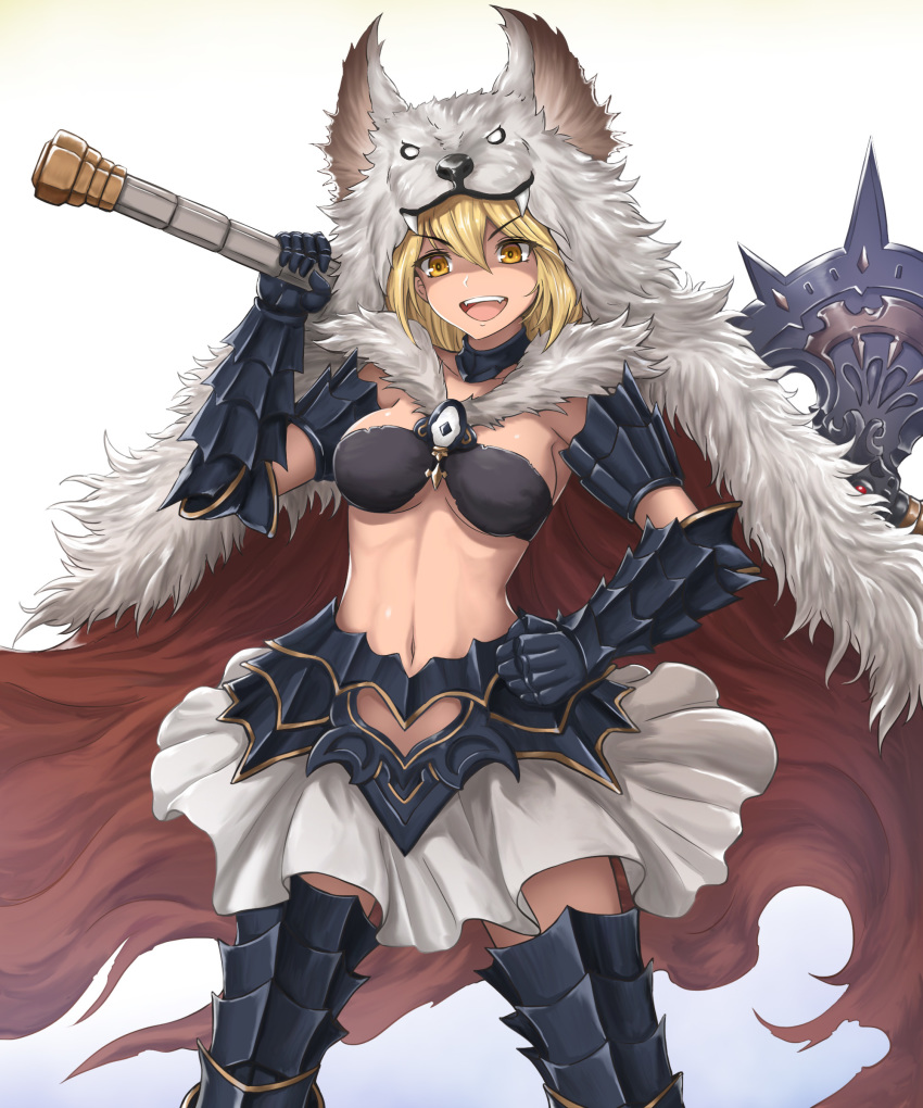 1girl absurdres animal_ears arm_up armband armor axe berserker_(granblue_fantasy) bikini bikini_top black_armor black_bikini black_gloves black_legwear blonde_hair breasts cape choker djeeta_(granblue_fantasy) fangs fur-trimmed_cape fur_trim gauntlets gloves gradient granblue_fantasy greaves hand_on_hip happy highres holding holding_axe looking_at_viewer medium_breasts medium_hair midriff navel open_mouth red_cape shaded_face simple_background skirt solo standing swimsuit upper_teeth white_background white_skirt wolf_ears yellow_eyes yuki7128
