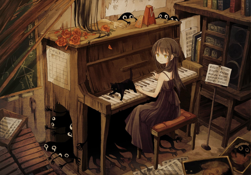 1girl 1other black_cat book brown_hair cat chalkboard closed_mouth crying dress flower full_body indoors instrument long_hair mariyasu metronome music_stand original painting_(object) piano red_flower red_rose rose sheet_music sitting sleeveless sleeveless_dress smile speaker spirit streaming_tears tears xylophone yellow_eyes