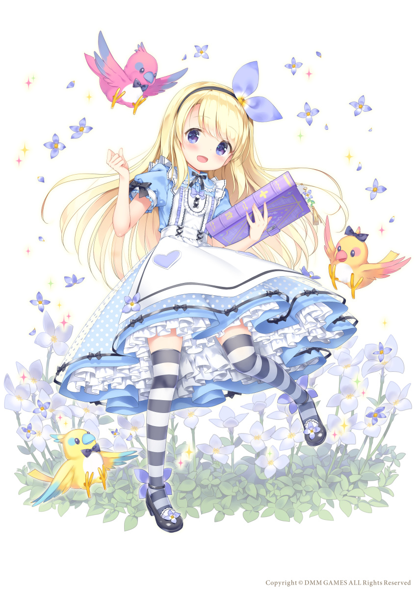 1girl :d absurdres animal apron bangs bird black_footwear black_hairband black_neckwear blonde_hair blue_dress blue_eyes blue_flower blush book bow bowtie character_request commentary_request dress eyebrows_visible_through_hair flower flower_knight_girl frilled_apron frills full_body hairband hand_up highres holding holding_book kimishima_ao long_hair open_mouth petticoat polka_dot puffy_short_sleeves puffy_sleeves shoe_flower shoes short_sleeves smile solo sparkle standing standing_on_one_leg strappy_heels striped striped_legwear thigh-highs very_long_hair watermark white_apron white_background