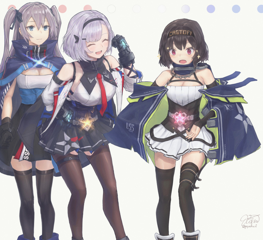 3girls :3 :d :o absurdres azur_lane black_gloves black_hair black_legwear black_ribbon blue_eyes closed_eyes clothes_writing commentary_request cooper_(azur_lane) diadem eicam gloves grey_background grey_hair hachimaki hair_ribbon hand_on_hip headband highres intrepid_(azur_lane) leaning_forward long_hair metal_gloves multiple_girls necktie open_mouth pink_eyes pleated_skirt red_neckwear reno_(azur_lane) ribbon short_hair signature skirt smile standing thigh-highs two_side_up zettai_ryouiki