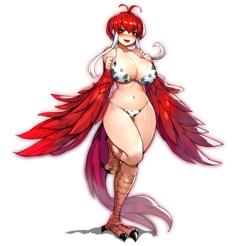 1girl animal_print antenna_hair bare_shoulders bikini bird_legs blush breasts cow_print feathered_wings gurimjang harpy highres large_breasts midriff monster_girl navel open_mouth original red_eyes red_feathers red_wings redhead short_hair short_hair_with_long_locks sidelocks solo standing standing_on_one_leg swimsuit talons white_background white_hair winged_arms wings