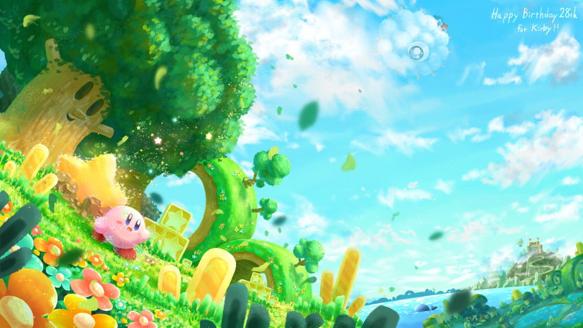 absurdres aircraft block blue_sky castle clouds crying crying_with_eyes_open dirigible flower grass highres hill kirby kirby:_star_allies kirby_(series) kracko lalala_(kirby) leaves_in_wind lololo_(kirby) mountain ocean pond sky smile star tears transformation tree tyutaka0427 void_termina whale whispy_woods