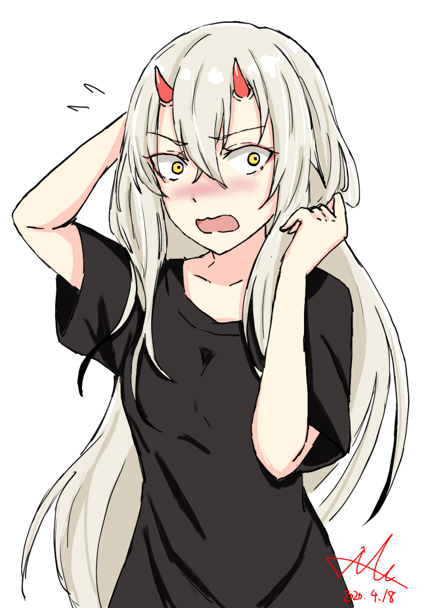 1girl alternate_hair_length alternate_hairstyle azur_lane bangs black_shirt blush breasts collarbone commentary_request constricted_pupils dated eyebrows_visible_through_hair flying_sweatdrops grey_hair hachishima hair_between_eyes highres horns kinu_(azur_lane) long_hair looking_at_viewer nose_blush oni_horns open_mouth shirt short_sleeves signature sketch small_breasts solo surprised t-shirt tsurime upper_body wavy_mouth yellow_eyes