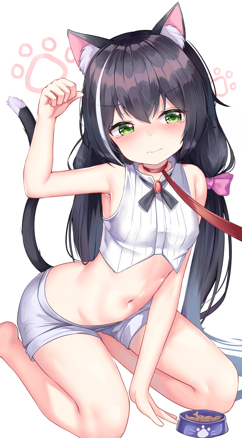 1girl absurdres animal_ears arm_support arm_up bare_arms bare_legs bare_shoulders black_hair blush bow bowl breasts cat_ears cat_girl cat_tail closed_mouth commentary_request cowboy_shot crop_top green_eyes hair_bow highres kneeling kyaru_(princess_connect) leaning_forward leash long_hair low_twintails mannaku multicolored_hair navel paw_background paw_pose pet_bowl pink_bow princess_connect! princess_connect!_re:dive short_shorts shorts simple_background sleeveless small_breasts smile solo stomach streaked_hair tail twintails very_long_hair white_background white_hair white_shorts