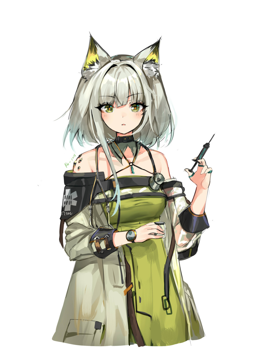 1girl absurdres animal_ear_fluff animal_ears arknights bare_shoulders cat_ears cropped_torso detached_collar dress green_dress green_eyes grey_jacket hand_up highres holding jacket kal'tsit_(arknights) kuini long_sleeves looking_at_viewer off-shoulder_jacket open_clothes open_jacket ore_lesion_(arknights) parted_lips short_hair silver_hair simple_background solo spaghetti_strap syringe white_background