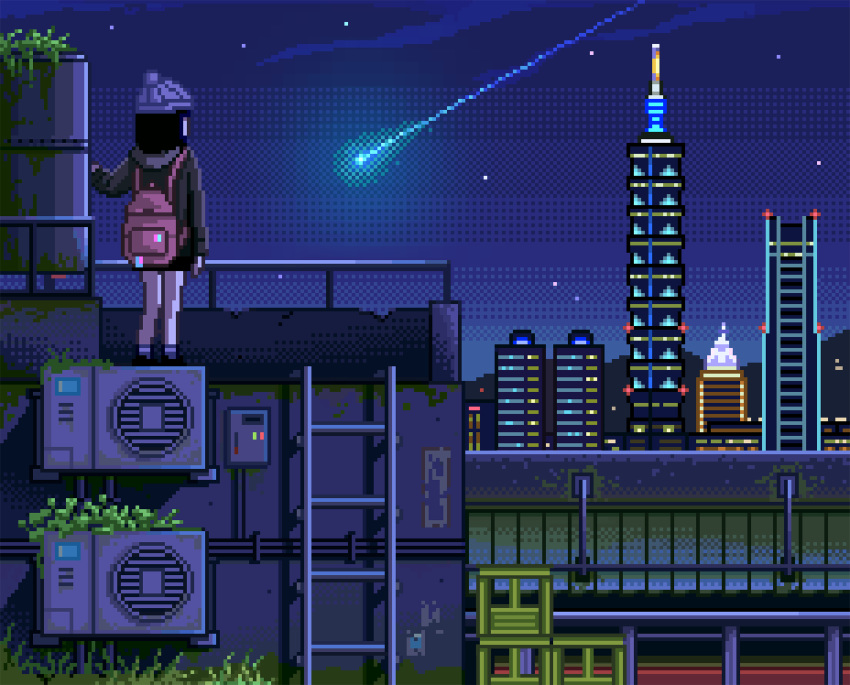 1girl absurdres air_conditioner black_footwear black_hair black_skirt blue_headwear building cityscape comet dithering facing_away fence gradient grass grey_hoodie hat highres hood hoodie knit_hat ladder night night_sky nino_berlin original pink_backpack pink_legwear pixel_art pom_pom_(clothes) rooftop shoes short_hair skirt sky socks solo spire star_(sky) starry_sky taipei_101 taiwan tower water_tank