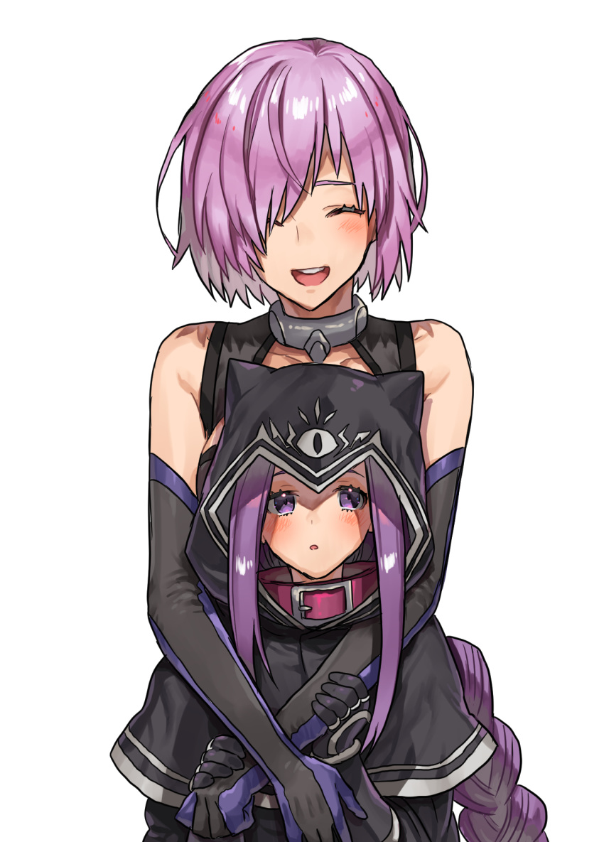 2girls :d animal_ears black_cape black_gloves blush braid braided_ponytail cape capelet closed_eyes collarbone elbow_gloves fake_animal_ears fate/grand_order fate_(series) gloves highres hood hood_up hooded_capelet hug hug_from_behind kmk long_hair mash_kyrielight medusa_(lancer)_(fate) multiple_girls open_mouth ponytail purple_hair shiny shiny_hair short_hair simple_background smile standing violet_eyes white_background