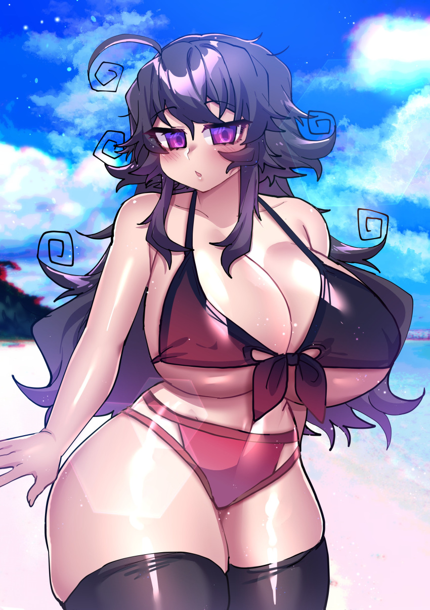 1girl :o absurdres ahoge beach bikini black_bikini blue_sky breasts clouds front-tie_bikini front-tie_top highres huge_breasts lewdweather long_hair nyarla_(osiimi) original osiimi purple_hair sidelocks sky stuffed_toy sunlight swimsuit thick_thighs thigh-highs thighs violet_eyes