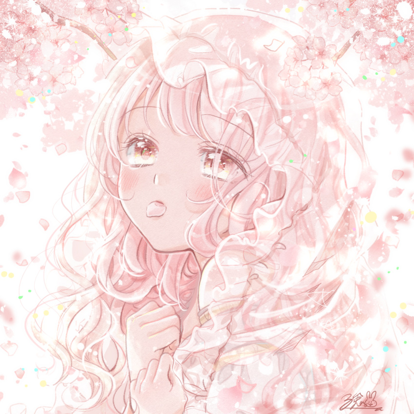 1girl bangs bare_shoulders cherry_blossoms day flower kousagi long_hair looking_away looking_up mouth_hold off_shoulder original petals pink_eyes pink_flower pink_hair pink_theme see-through solo spring_(season) tree_branch upper_body veil wavy_hair white_background