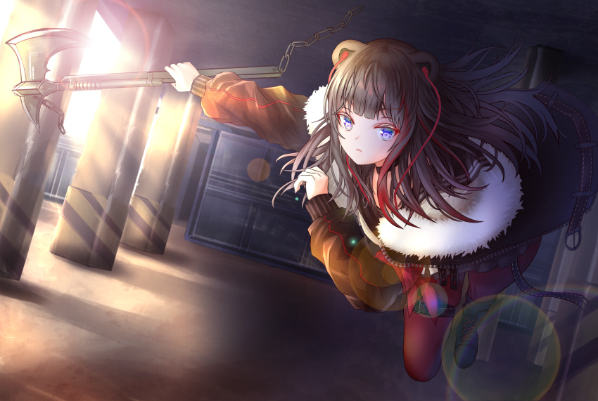 1girl arknights axe belt blue_eyes blush boots brown_hair coat eyebrows_visible_through_hair full_body highres long_hair long_sleeves looking_at_viewer red_footwear red_skirt rino_rea shoes skirt solo thighs zima_(arknights)