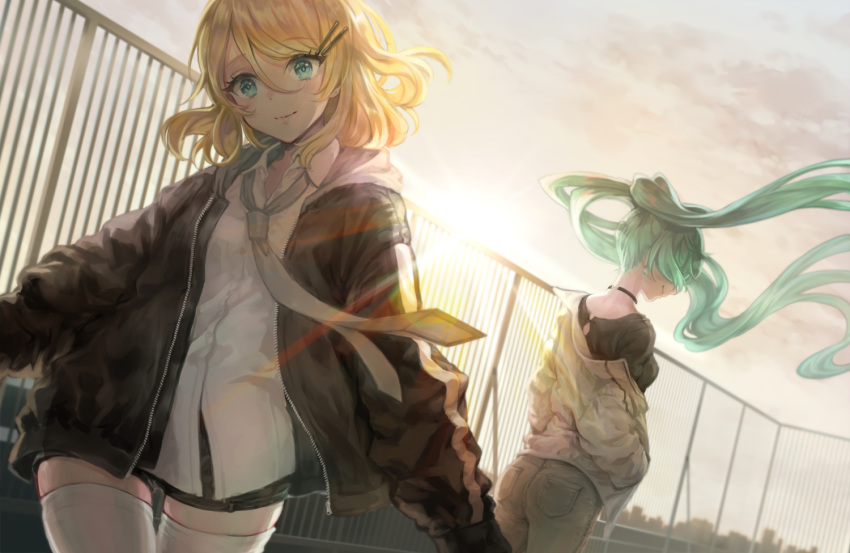 2girls aqua_eyes aqua_hair asahi_yuuji back-to-back black_jacket black_shirt blonde_hair choker cityscape clouds commentary denim dutch_angle fence hair_ornament hairclip hands_in_pocket hatsune_miku hood hooded_jacket jacket jeans kagamine_rin knees light_rays long_hair looking_at_viewer loose_clothes multiple_girls necktie open_clothes open_jacket pants shirt short_hair shorts skindentation smile sun thigh-highs twintails vocaloid white_jacket white_legwear white_shirt zettai_ryouiki zipper