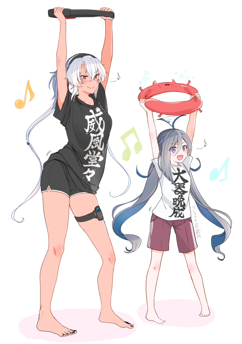 2girls ahoge ahoge_wag alternate_costume bangs barefoot black_shirt black_shorts blue_hair blush breasts clothes_writing commentary_request contrapposto dark_skin enemy_lifebuoy_(kantai_collection) expressive_hair eyebrows_visible_through_hair flying_sweatdrops full_body glasses grey_hair highres holding joy-con kantai_collection kiyoshimo_(kantai_collection) long_hair low_twintails multicolored_hair multiple_girls musashi_(kantai_collection) musical_note nail_polish open_mouth ring-con ring_fit_adventure shadow shinkaisei-kan shirt shitty_t-shirt_naval_base short_sleeves shorts simple_background smile standing t-shirt toenail_polish translation_request twintails white_hair white_shirt yunamaro