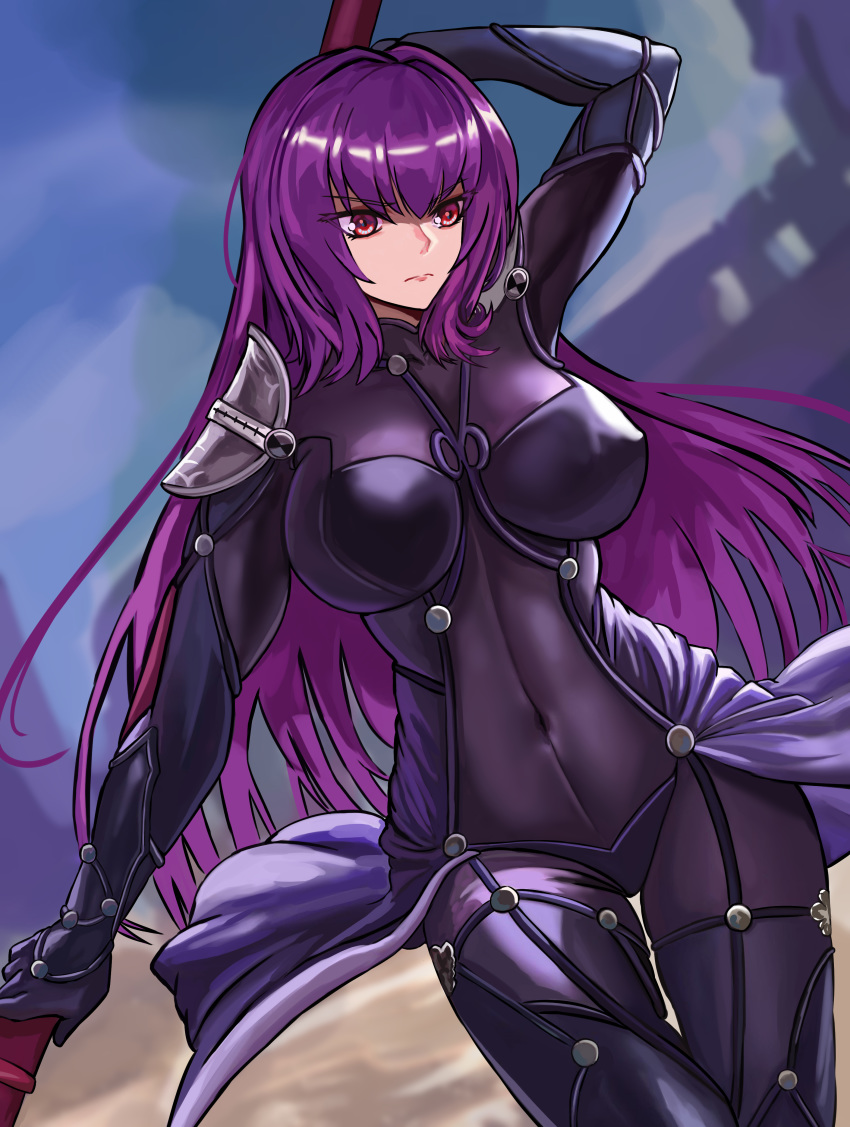 1girl absurdres bodysuit breasts covered_navel fate/grand_order fate_(series) frown gae_bolg hair_intakes highres holding holding_weapon large_breasts leotard long_hair looking_to_the_side loooyd pauldrons polearm purple_bodysuit purple_hair purple_leotard red_eyes scathach_(fate)_(all) scathach_(fate/grand_order) scenery shoulder_armor solo spear weapon