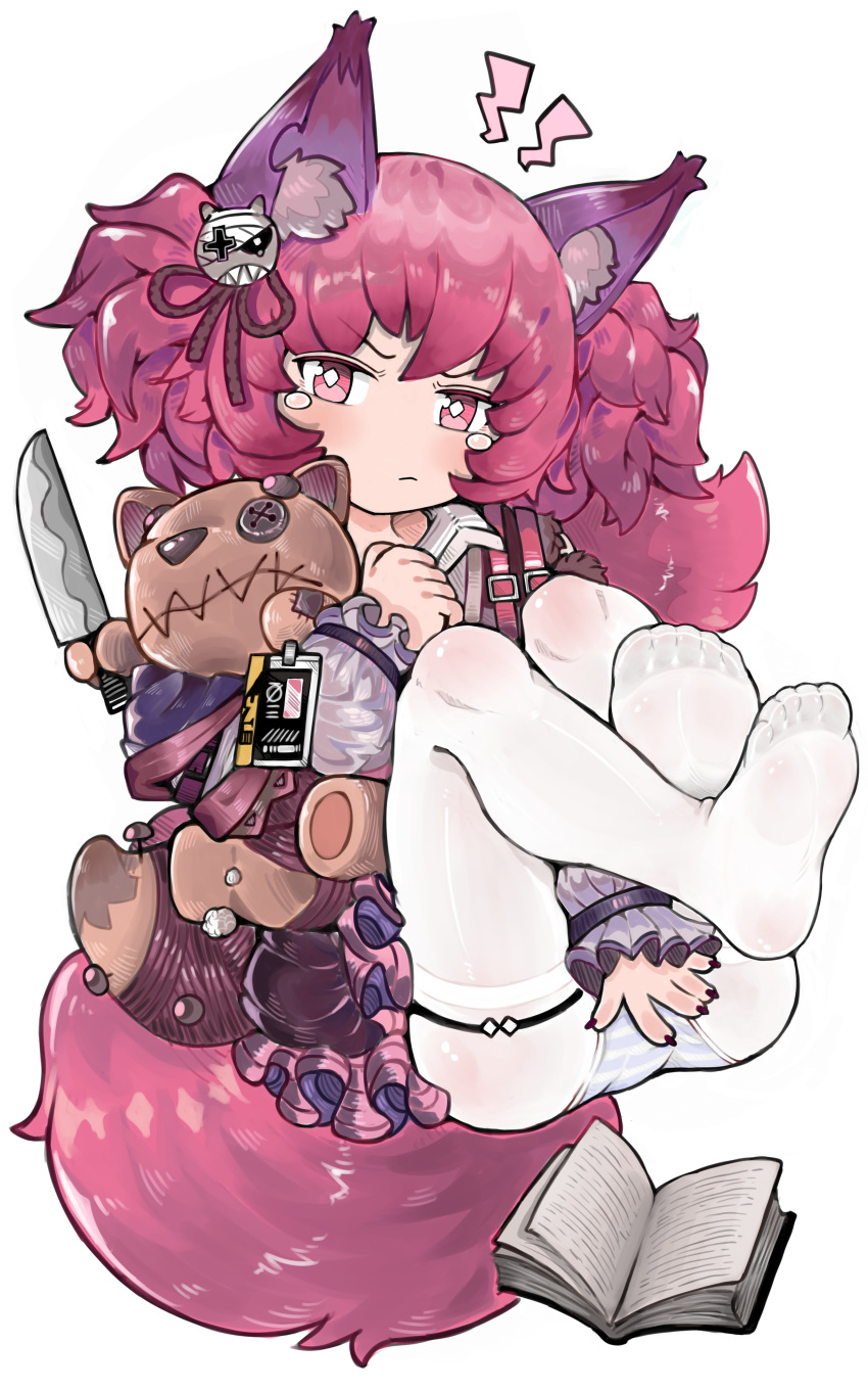 1girl absurdres animal_ear_fluff animal_ears arknights fox_ears fox_girl fox_tail highres holding holding_stuffed_animal id_card knife lanyard leggings menla no_shoes pantyhose pink_eyes pink_hair shamare_(arknights) soles stuffed_animal stuffed_toy tail white_legwear