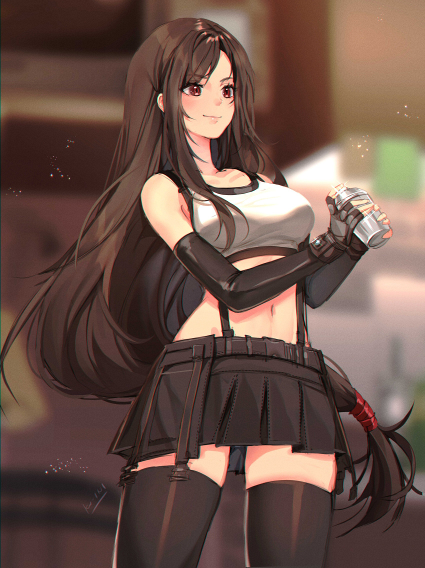 1girl absurdres artist_name bangs black_legwear black_skirt blurry blurry_background brown_hair closed_mouth commentary elbow_gloves eyebrows_visible_through_hair final_fantasy final_fantasy_vii final_fantasy_vii_remake fingernails gloves highres holding kuini lips long_hair low-tied_long_hair midriff miniskirt navel shaker shiny shiny_clothes shiny_hair signature simple_background skirt smile solo stomach suspender_skirt suspenders tank_top thigh-highs tifa_lockhart zettai_ryouiki