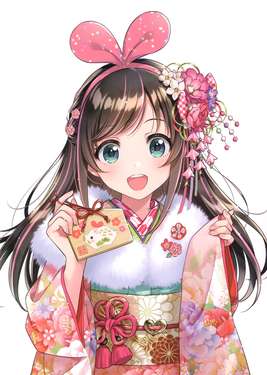 1girl :d a.i._channel absurdres blush brown_hair egasumi ema fingernails floral_print flower fur_collar green_eyes hair_flower hair_ornament hair_ribbon hairband head_tilt highres holding japanese_clothes kimono kizuna_ai long_hair long_sleeves morikura_en multicolored_hair obi open_mouth pinching_sleeves pink_flower pink_hair pink_hairband pink_kimono pink_rose purple_flower ribbon rose round_teeth sash scan smile solo streaked_hair teeth upper_body upper_teeth very_long_hair virtual_youtuber white_background white_flower wide_sleeves