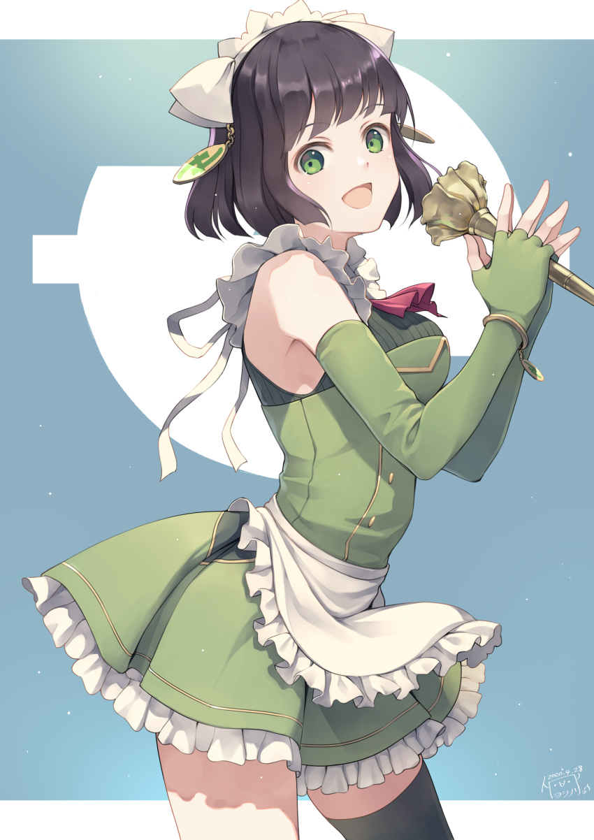 1girl bangs black_hair elbow_gloves eyebrows_visible_through_hair fingerless_gloves frills gloves green_eyes green_gloves headdress highres holding kyoumachi_seika looking_at_viewer maid open_mouth profile short_hair simple_background solo thigh-highs voiceroid yoshino_ryou